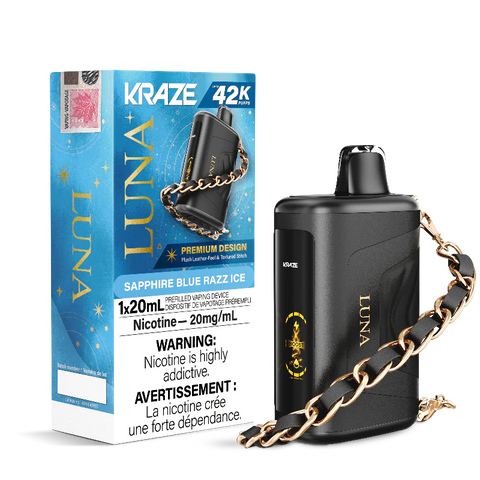 Experience the best with KRAZE LUNA 42K SAPPHIRE BLUE RAZZ ICE DISPOSABLE VAPE. Shop now for the cheapest price in Canada. Enjoy premium quality and convenience with our disposable vape.