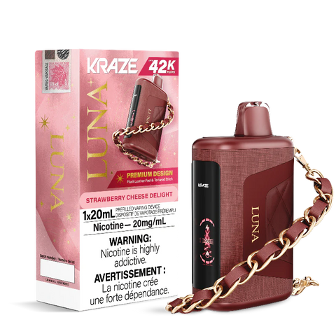 Experience the delightful taste of strawberry and cheese with the KRAZE LUNA 42K disposable vape. Get the best price in Canada at our vape shop. Shop now for a premium vaping experience!