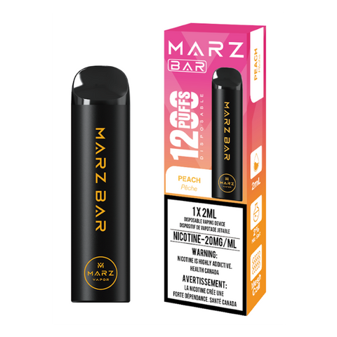 Shop Marz Bar 1200 Peach disposable vape at Wii Vape Canada. 1200 puffs of sweet peach flavor, no charging needed. Premium quality disposable vapes with fast shipping.