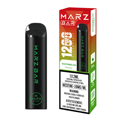 Shop Marz Bar 1200 Watermelon disposable vape at Wii Vape Canada. 1200 puffs of sweet watermelon flavor, no charging needed. Premium quality disposable vapes.