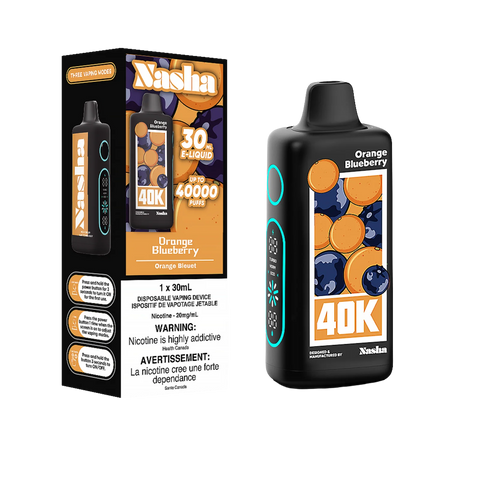 Experience the refreshing and fruity flavors of Orange and Blueberry with the Nasha 40K Disposable. Enjoy up to 40,000 puffs with this 30ml E-liquid content disposable vape. Shop now for premium quality and convenience!