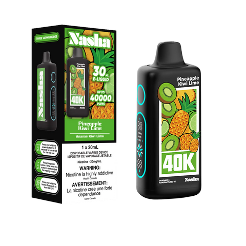 Experience the refreshing flavors of Pineapple, Kiwi, and Lime with the Nasha 40K Disposable. Enjoy up to 40,000 puffs with this 30ml E-liquid content disposable vape. Shop now for premium quality and convenience!