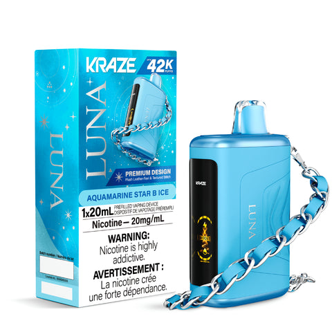 Experience the best with Kraze Luna - Aquamarine Star B DISPOSABLE VAPE. Shop now for the best price in Canada on our top-quality disposable vape. Enjoy a smooth and flavorful experience with every puff.
