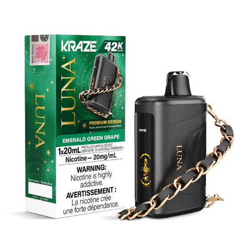 Experience the best with KRAZE LUNA 42K EMERALD GREEN GRAPE DISPOSABLE VAPE. Shop now for the best price in Canada on our top-rated disposable vapes.