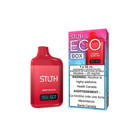 Enjoy the bold Cherry Blast Ice flavor with STLTH ECO BOX DISPOSABLE. Eco-friendly, convenient, and delivers exceptional taste. Perfect for Canadian vapers seeking quality disposable vapes.