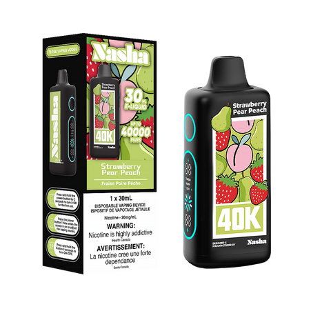Experience the unique and refreshing flavors of strawberry, pear, and peach with the Nasha 40K Disposable. Enjoy up to 40,000 puffs with this 30ml E-liquid content disposable vape. Shop now for premium quality and convenience!