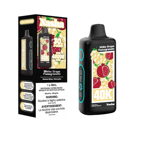 Experience the unique mix of sweet white grape and juicy pomegranate with the Nasha 40K Disposable. Enjoy up to 40,000 PUFFs with this 30ml E-liquid content disposable vape. Shop now for premium quality and convenience!