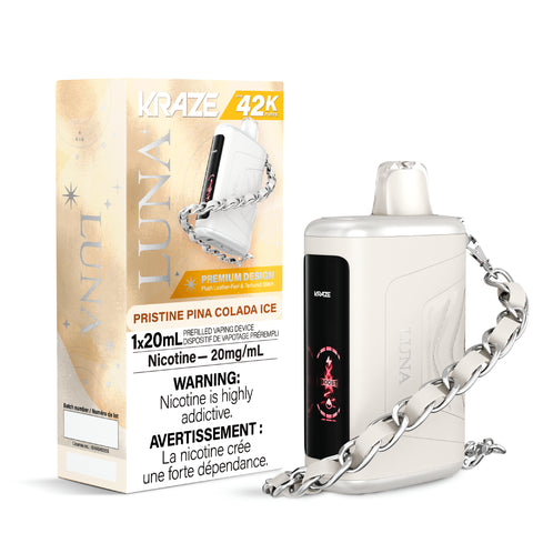 Experience the refreshing taste of pina colada with Kraze Luna's Pristine Pina Colada Ice DISPOSABLE VAPE. Get the best price in Canada at Wii Vape. Shop now for a pristine vaping experience!