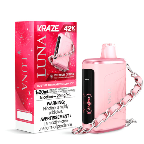 Experience the refreshing flavors of Ruby Peach Watermelon Ice with our disposable vape from Kraze. Get the best price in Canada for this premium product. Shop now!