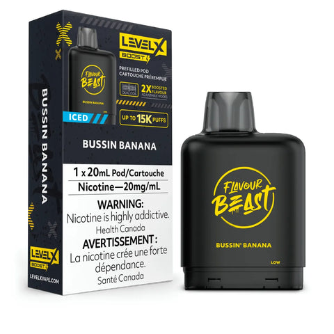 Level X Flavour Beast Boost Pod 20mL - Bussin Banana Iced vape shop vape store wii vape gta york toronto ontario canada best price cheap 1  shop number one shop DISPOSABLE DISPOSABLES salt nic salt Nicotine TFN Herbal Vape dry herb concentrates  Shatter Dabs Weed how to how to? sale boxing day black friday  Marijuana weed Supreme